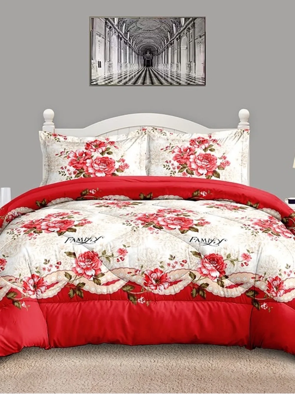 Floral Red Comforter Set with Rose Print - Unbranded